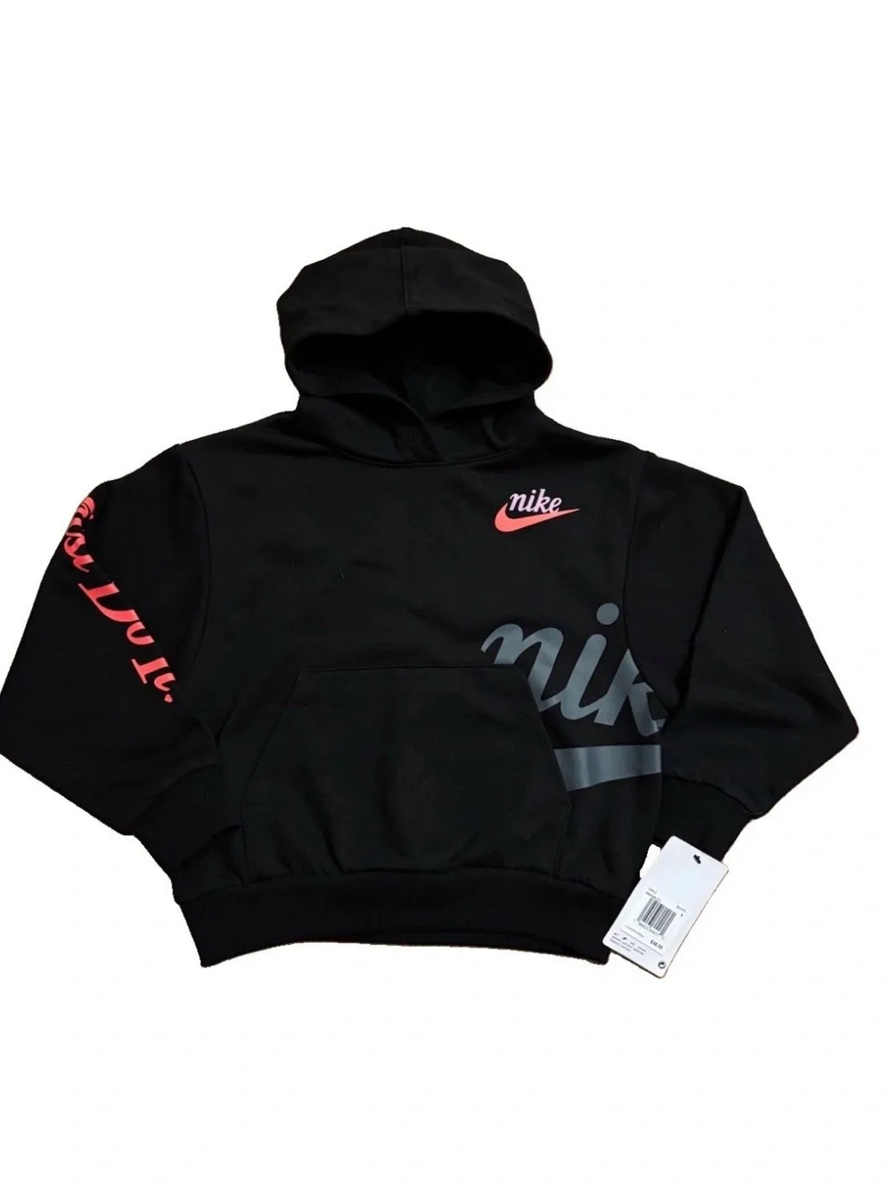 Nike Girls Black Graphic Pullover Hoodie with Coral Logo - Size 6